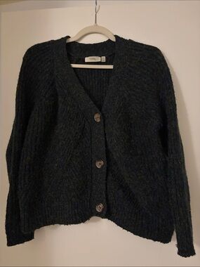 Deep Green Textured V‑Neck Button Cardigan